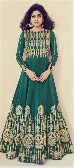 1547497: Bollywood Green color Salwar Kameez in Art Silk fabric with Abaya, Anarkali Embroidered, Stone, Thread, Zari work