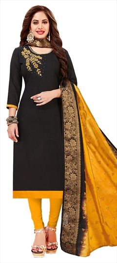 1547684: Casual Black and Grey color Salwar Kameez in Cotton fabric with Straight Bugle Beads, Embroidered, Resham, Thread work