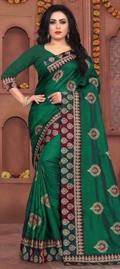 1547800: Traditional Green color Saree in Sana Silk fabric with South Embroidered, Stone, Thread, Zari work