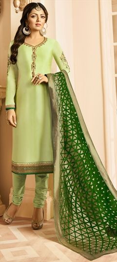 1549304: Bollywood Green color Salwar Kameez in Georgette fabric with Straight Embroidered, Lace, Resham, Stone, Thread, Zari work