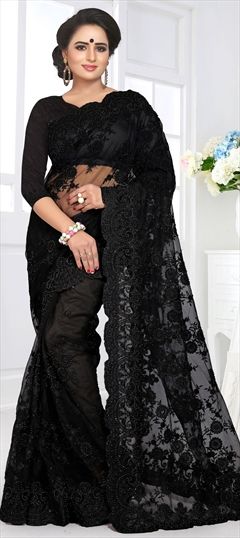 Party Wear, Reception Black and Grey color Saree in Net fabric with Classic Embroidered, Resham, Stone, Thread work : 1549792