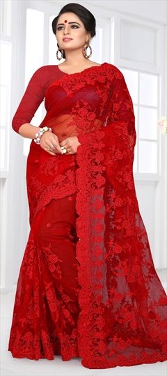 Party Wear Red and Maroon color Saree in Net fabric with Classic Embroidered, Resham, Stone, Thread work : 1549794