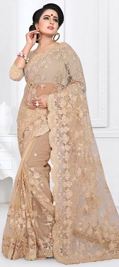 1549800: Party Wear Beige and Brown color Saree in Net fabric with Embroidered, Resham, Stone, Thread work