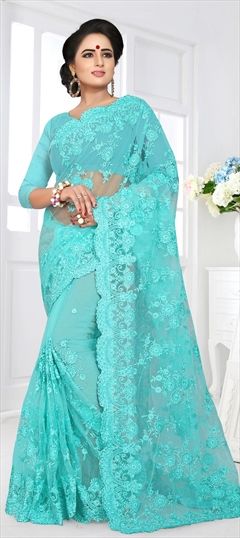 1549801: Party Wear Blue color Saree in Net fabric with Embroidered, Resham, Stone, Thread work