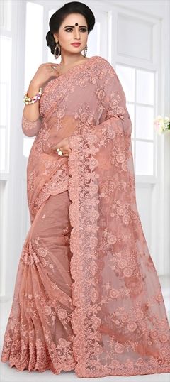 Party Wear, Reception Pink and Majenta color Saree in Net fabric with Classic Embroidered, Resham, Stone, Thread work : 1549802
