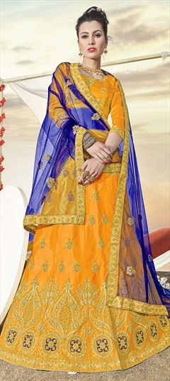 1550427: Mehendi Sangeet Orange color Lehenga in Silk fabric with Embroidered, Stone, Thread, Zari work