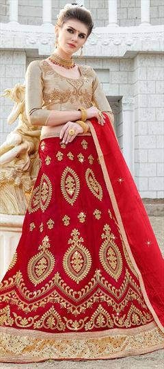 Mehendi Sangeet Red and Maroon color Lehenga in Net fabric with Border, Embroidered, Stone, Thread, Zari work : 1550451