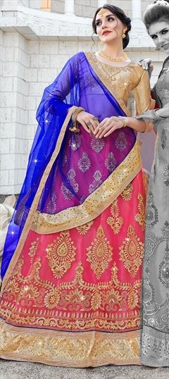 Mehendi Sangeet Pink and Majenta color Lehenga in Net fabric with Border, Embroidered, Stone, Thread, Zari work : 1550453