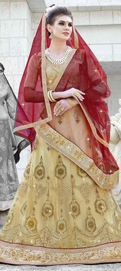 1550455: Mehendi Sangeet Beige and Brown color Lehenga in Net fabric with Border, Embroidered, Stone, Thread, Zari work