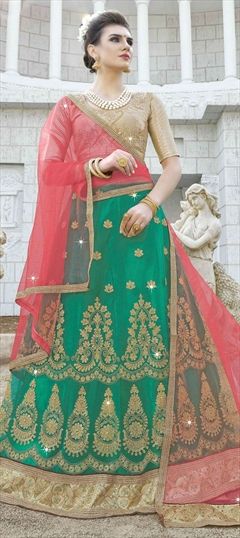 1550459: Mehendi Sangeet Green color Lehenga in Net fabric with Border, Embroidered, Stone, Thread, Zari work