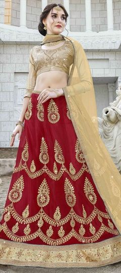 Mehendi Sangeet Red and Maroon color Lehenga in Net fabric with Border, Embroidered, Stone, Thread, Zari work : 1550461