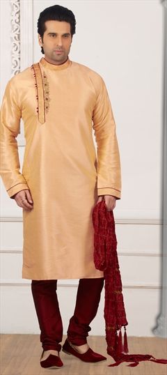 1550537: Beige and Brown color Kurta Pyjamas in Banarasi Silk fabric with Embroidered, Thread work