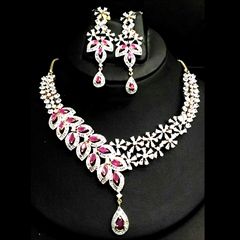 1551443: Pink and Majenta color Necklace in Copper studded with Austrian diamond & Gold Rodium Polish