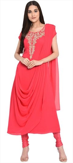 1552351: Party Wear Pink and Majenta color Tunic with Bottom in Georgette fabric with Embroidered, Stone, Thread work