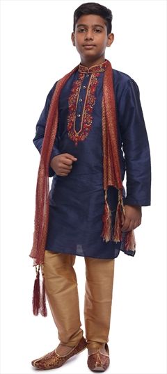 1552608: Blue color Boys Kurta Pyjama in Dupion Silk fabric with Embroidered work