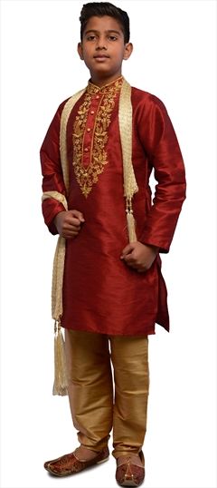 1552622: Red and Maroon color Boys Kurta Pyjama in Dupion Silk fabric with Embroidered work