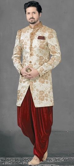 1552714: Gold color IndoWestern Dress in Brocade fabric with Zardozi work