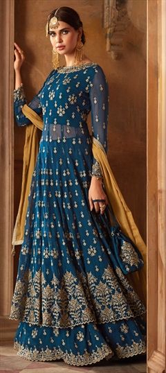 1552841: Bridal Blue color Salwar Kameez in Georgette fabric with Palazzo Embroidered, Stone, Thread, Zari work
