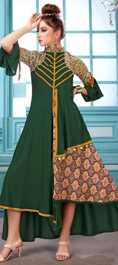 1553574: Party Wear Green color Kurti in Rayon fabric with Asymmetrical Printed work