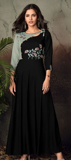 1554073: Casual Black and Grey color Kurti in Rayon fabric with Embroidered, Resham, Thread work