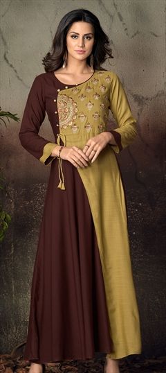 1554074: Casual Beige and Brown, Gold color Kurti in Rayon fabric with Embroidered, Resham, Thread work