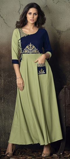 1554075: Casual Green color Kurti in Rayon fabric with Embroidered, Resham, Thread work