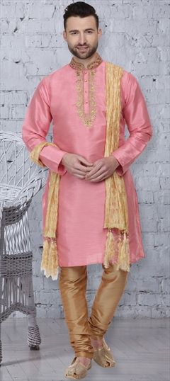 1554525: Pink and Majenta color Kurta Pyjamas in Dupion Silk fabric with Embroidered, Thread work