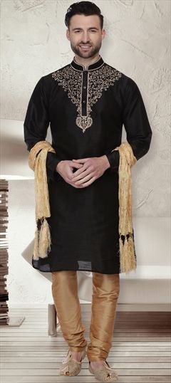1554535: Black and Grey color Kurta Pyjamas in Dupion Silk fabric with Embroidered, Thread work