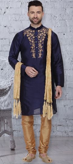 1554544: Blue color Kurta Pyjamas in Dupion Silk fabric with Embroidered, Thread work