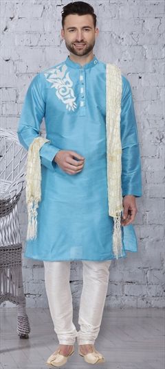 1554548: Blue color Kurta Pyjamas in Dupion Silk fabric with Embroidered, Thread work
