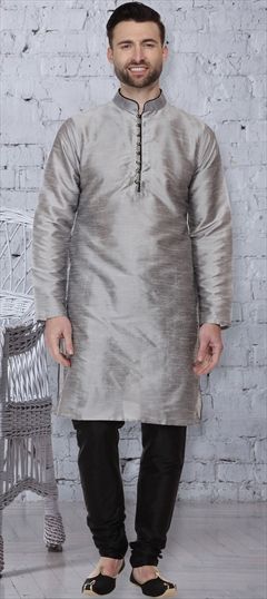1554584: Black and Grey color Kurta Pyjamas in Dupion Silk fabric with Thread work