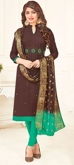 1554926: Casual Beige and Brown color Salwar Kameez in Cotton fabric with Straight Embroidered, Resham, Thread work