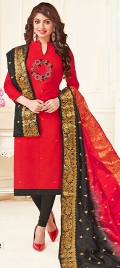 1554927: Casual Red and Maroon color Salwar Kameez in Cotton fabric with Straight Embroidered, Resham, Thread work
