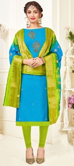 1554928: Casual Blue color Salwar Kameez in Cotton fabric with Straight Embroidered, Resham, Thread work