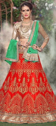 Bridal, Wedding Red and Maroon color Lehenga in Net fabric with A Line Border, Embroidered, Mirror, Stone, Thread, Zari work : 1555132