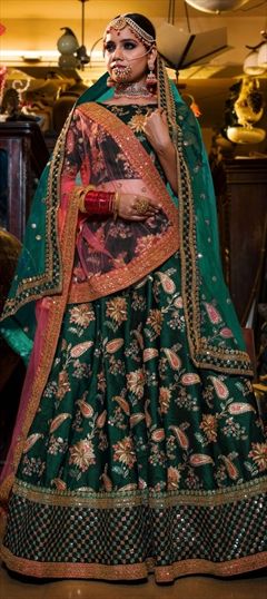 Wedding Green color Lehenga in Taffeta Silk fabric with A Line Embroidered, Sequence, Thread work : 1555241