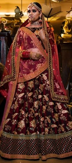 1555242: Wedding Red and Maroon color Lehenga in Taffeta Silk fabric with A Line Embroidered, Sequence, Thread work