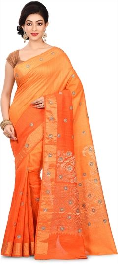 1555501: Traditional Orange color Saree in Banarasi Silk, Silk fabric with South Stone, Weaving work
