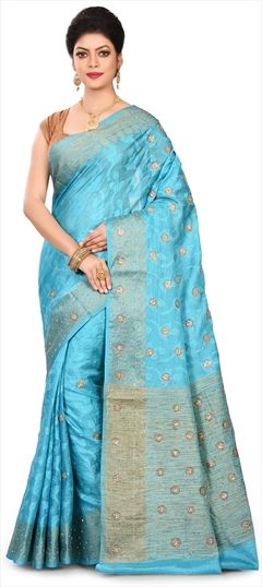 1555514: Traditional Blue color Saree in Banarasi Silk, Silk fabric with South Stone, Weaving work