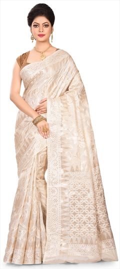 1555517: Traditional Beige and Brown color Saree in Banarasi Silk, Silk fabric with South Weaving work