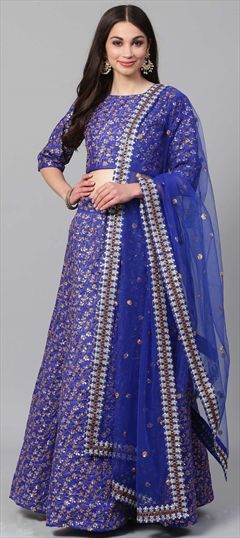 Mehendi Sangeet Blue color Lehenga in Raw Silk fabric with A Line Embroidered, Sequence, Thread, Zari work : 1555680
