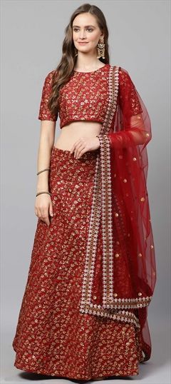 Mehendi Sangeet Red and Maroon color Lehenga in Raw Silk fabric with A Line Embroidered, Sequence, Thread, Zari work : 1555682