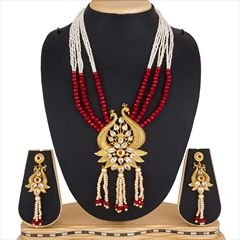1555773: Red and Maroon, White and Off White color Necklace in Metal Alloy studded with CZ Diamond & Gold Rodium Polish