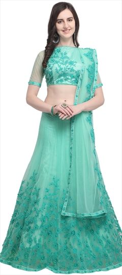 1555817: Mehendi Sangeet, Wedding Blue color Lehenga in Net fabric with A Line Embroidered, Thread work