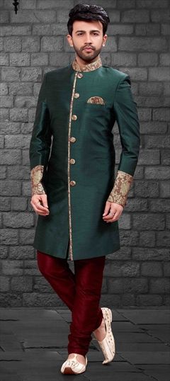 1556180: Green color IndoWestern Dress in Brocade fabric with Churidar Thread work