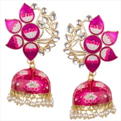 1557049: Pink and Majenta, White and Off White color Earrings in Brass studded with Austrian diamond, Cubic Zirconia & Gold Rodium Polish