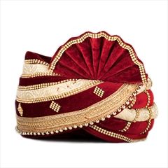 1557678: Red and Maroon, White and Off White color Turban in Brocade, Velvet fabric with Lace, Patch work