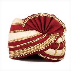 1557679: Red and Maroon, White and Off White color Turban in Silk fabric with Bugle Beads, Lace work