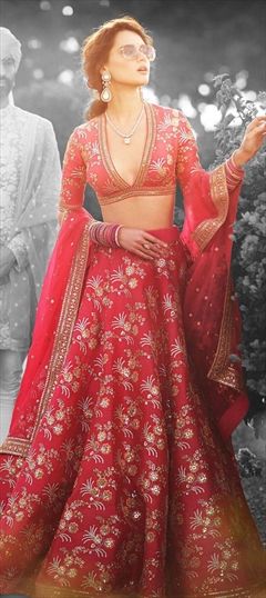 Engagement, Reception, Wedding Red and Maroon color Lehenga in Art Silk fabric with A Line Sequence, Thread work : 1557715
