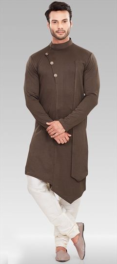 1558488: Beige and Brown color Kurta Pyjamas in Lycra fabric with Thread work